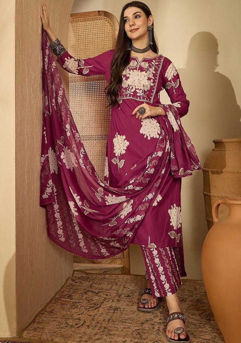 Purple Printed Blended Kurta Set - Indya
