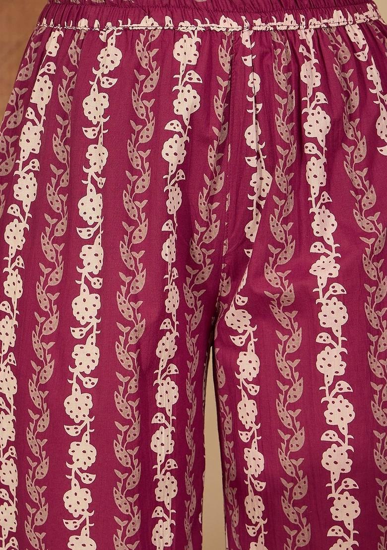 Purple Printed Blended Kurta Set - Indya