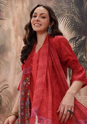 Red Printed Blended Kurta Set