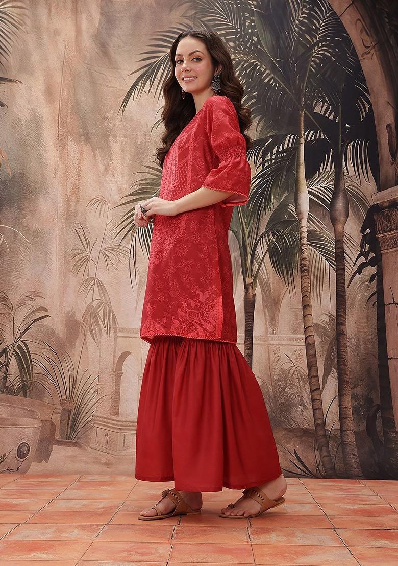 Red Printed Blended Kurta Set - Indya