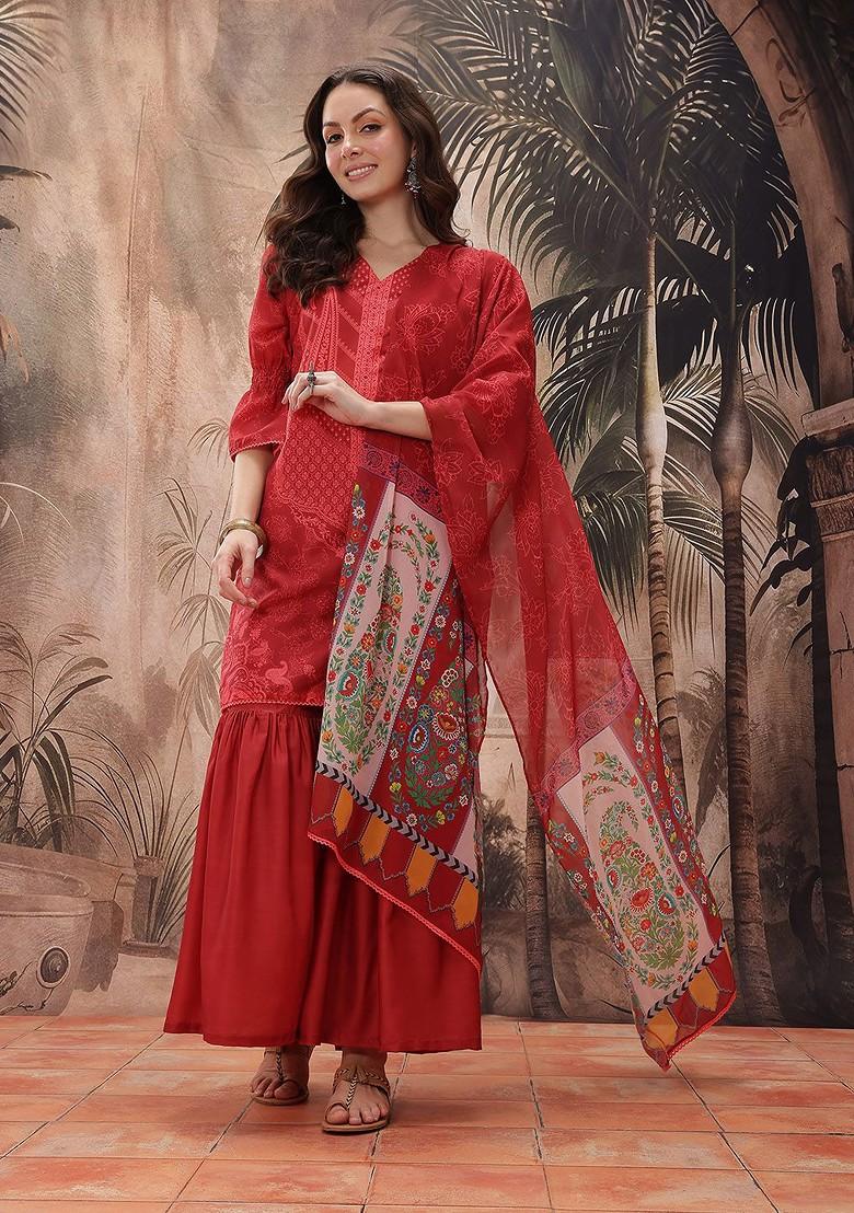Red Printed Blended Kurta Set - Indya