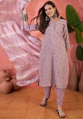 Purple Embroidered Blended Kurta Set