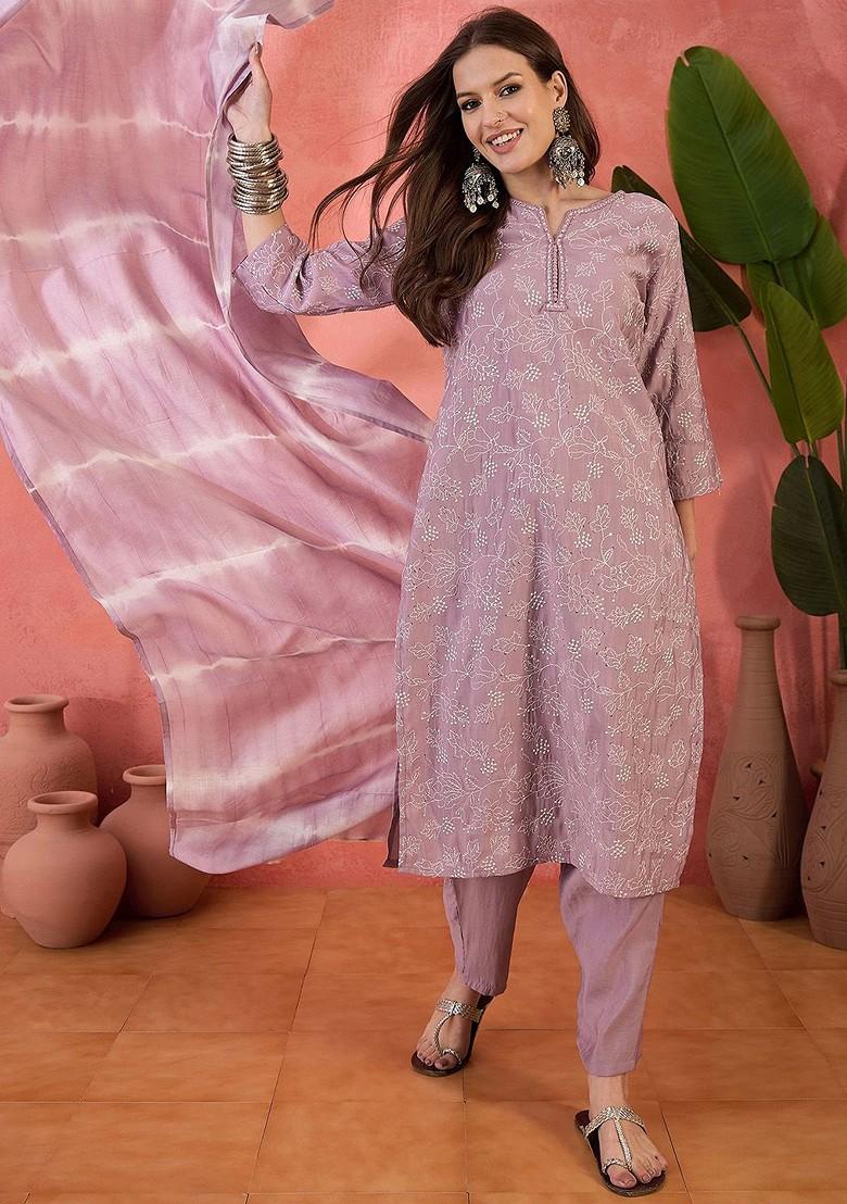 Purple Embroidered Blended Kurta Set - Indya