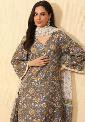 Grey Printed Blended Kurta Set