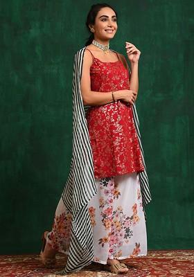 Red Printed Blended Kurta Set
