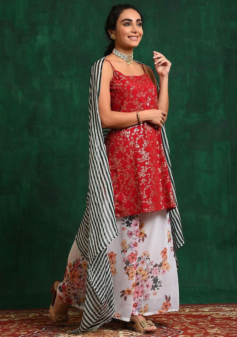 Red Printed Blended Kurta Set - Indya