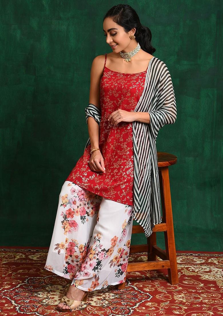 Red Printed Blended Kurta Set - Indya