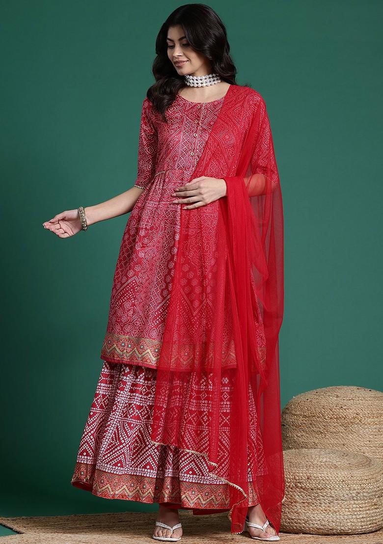 Red Printed Blended Kurta Set - Indya
