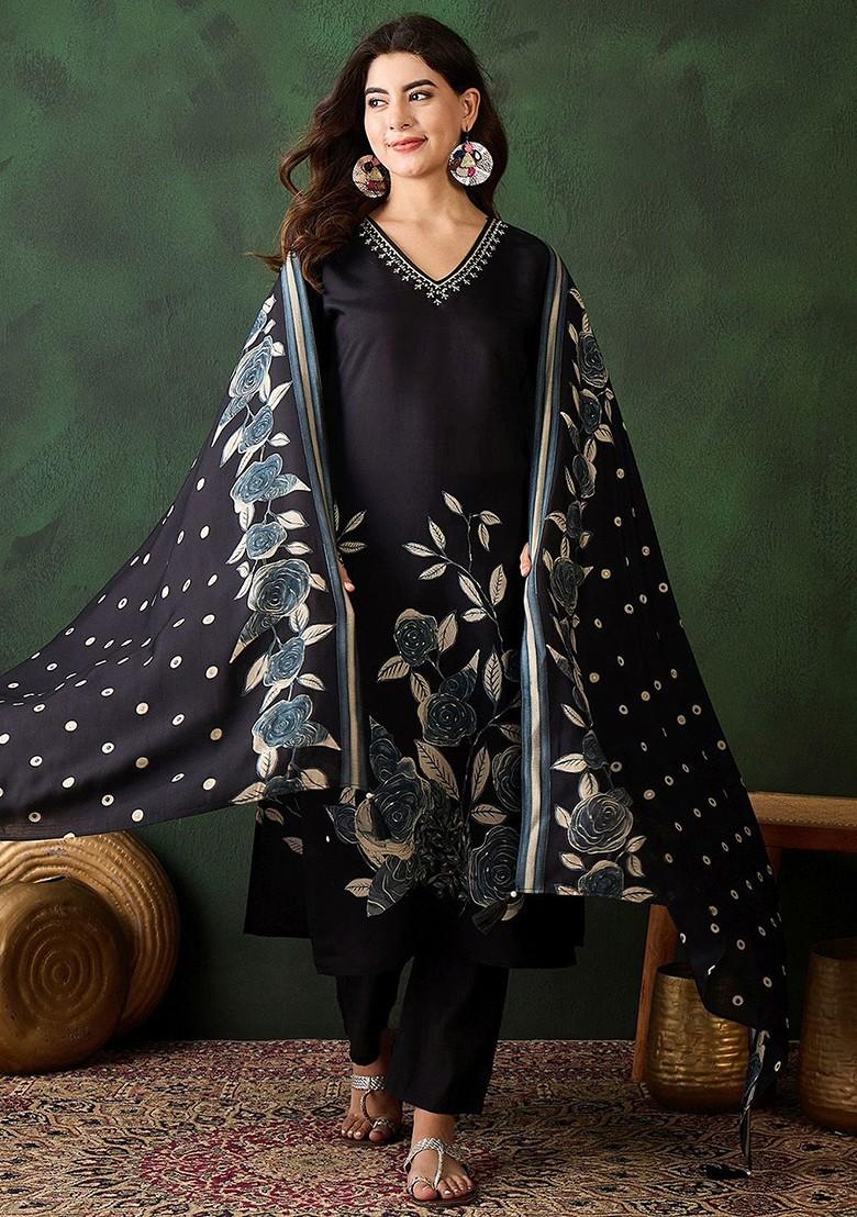 Black Printed Blended Kurta Set - Indya
