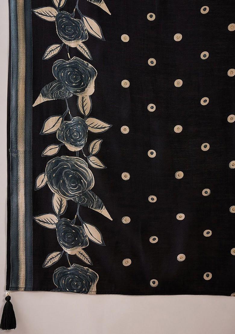 Black Printed Blended Kurta Set - Indya