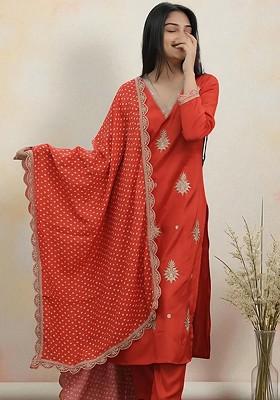 Rust Embroidered Blended Kurta Set
