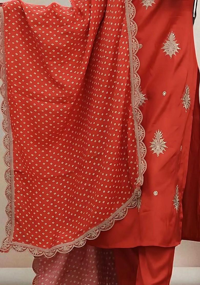 Rust Embroidered Blended Kurta Set - Indya