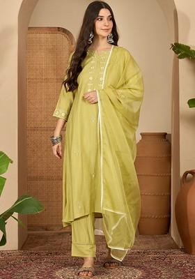 Yellow Embroidered Blended Kurta Set