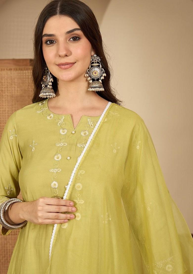 Yellow Embroidered Blended Kurta Set - Indya