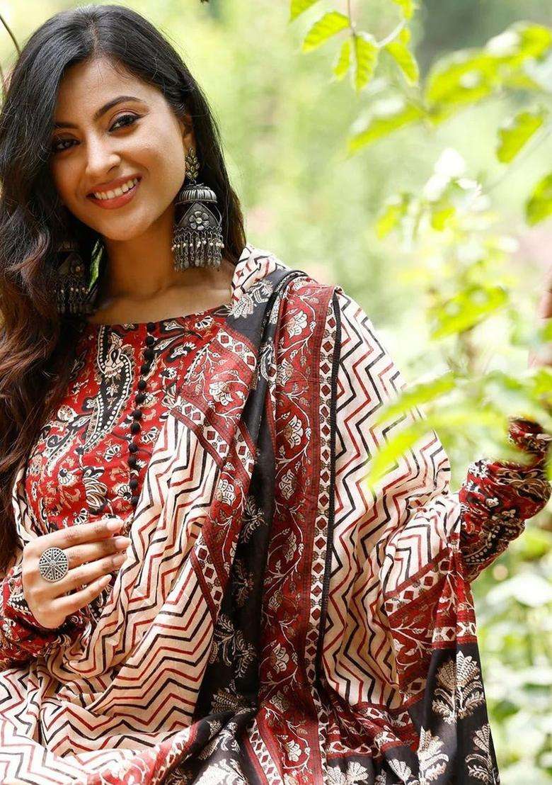 Maroon Printed Viscose Kurta Set - Indya