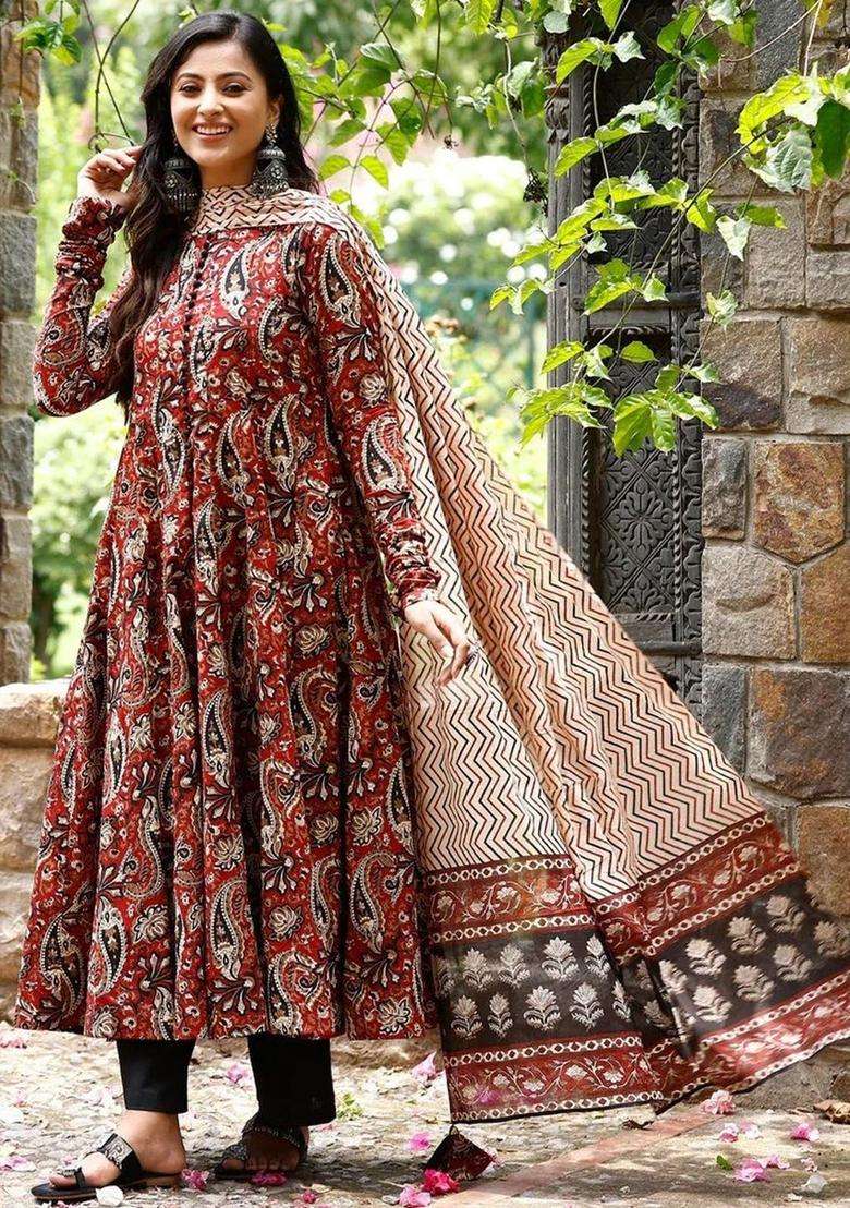 Maroon Printed Viscose Kurta Set - Indya