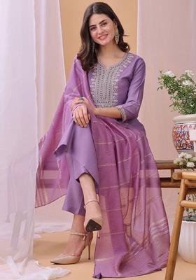 Purple Embroidered Cotton Kurta Set