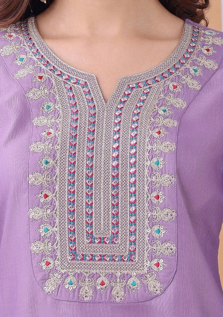 Purple Embroidered Cotton Kurta Set - Indya