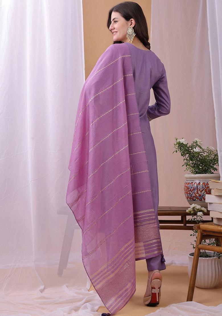 Purple Embroidered Cotton Kurta Set - Indya