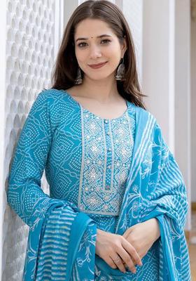 Blue Printed Viscose Kurta Set
