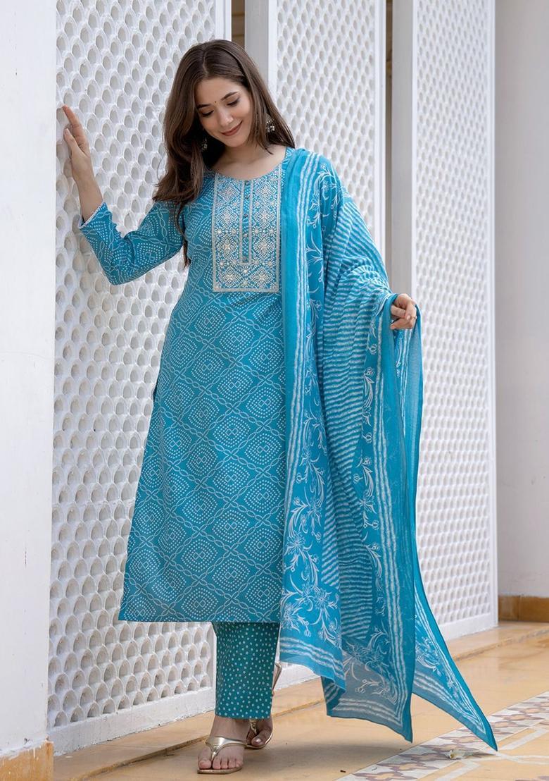 Blue Printed Viscose Kurta Set - Indya