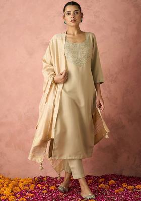 Beige Yoke Design Cotton Kurta Set