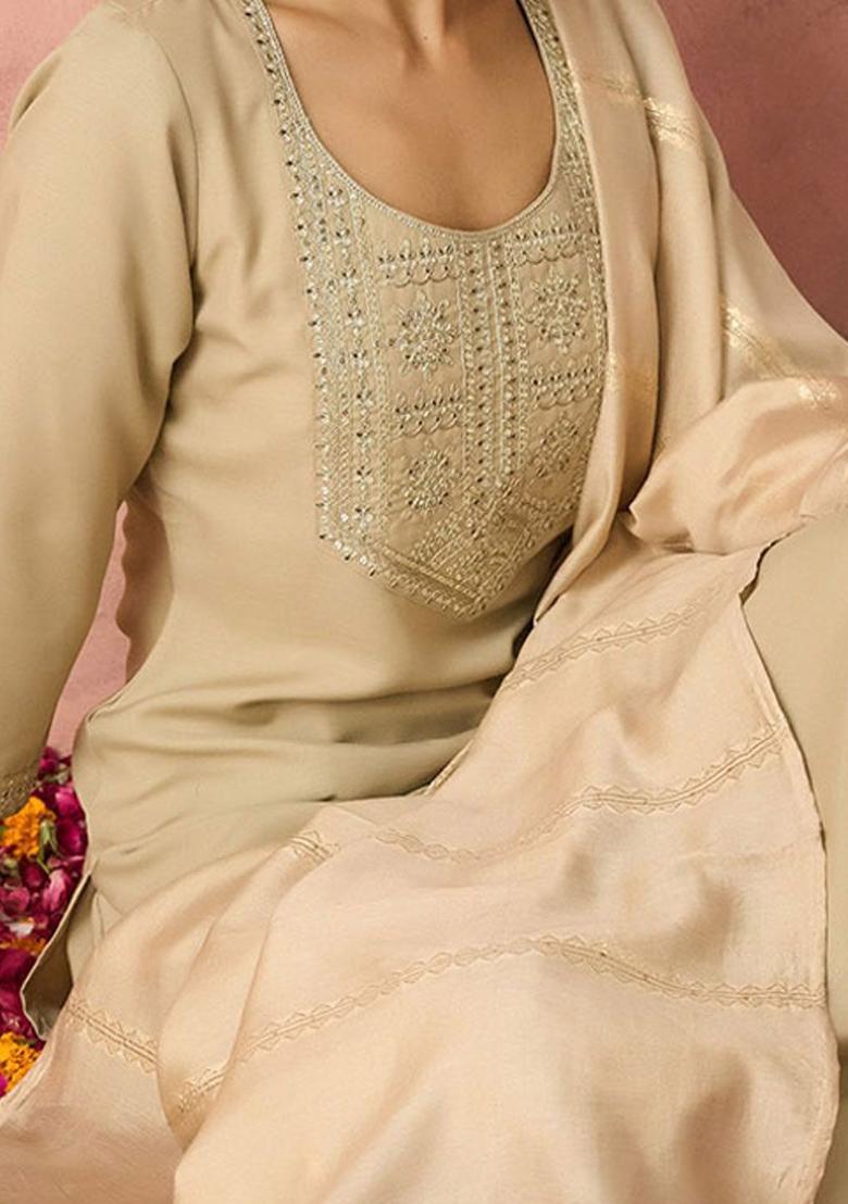 Beige Yoke Design Cotton Kurta Set - Indya