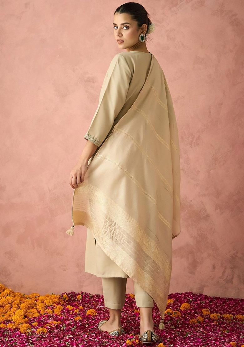 Beige Yoke Design Cotton Kurta Set - Indya