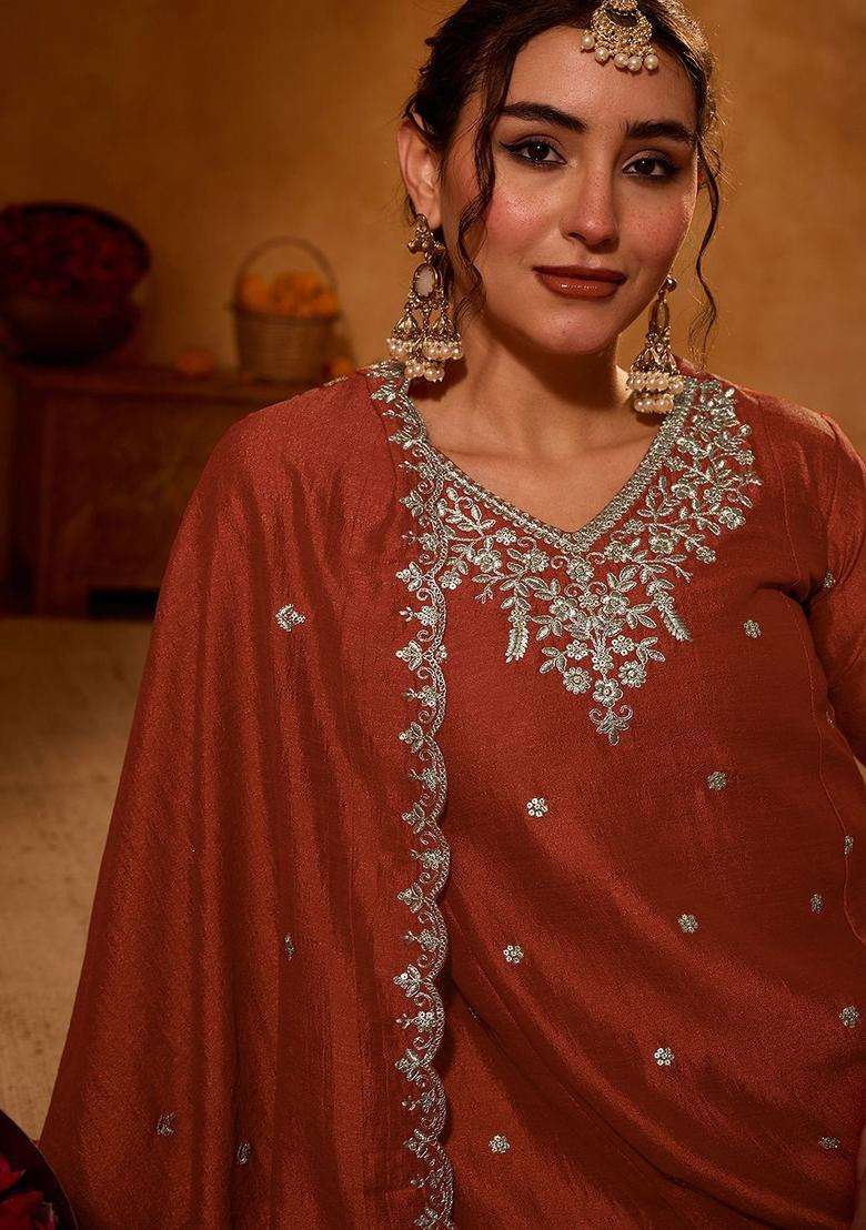 Orange Embroidered Silk Kurta Set - Indya
