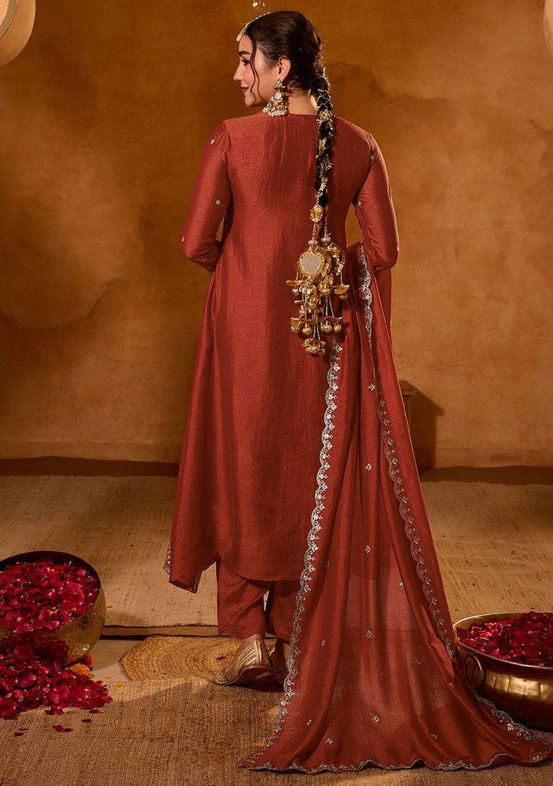 Orange Embroidered Silk Kurta Set - Indya
