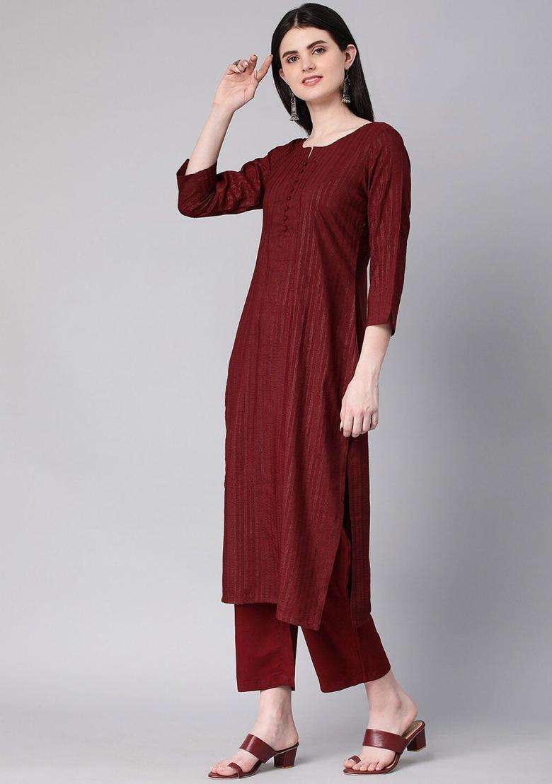 Maroon Striped Cotton Kurta Set - Indya