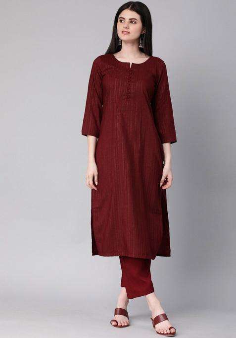 Maroon Striped Cotton Kurta Set