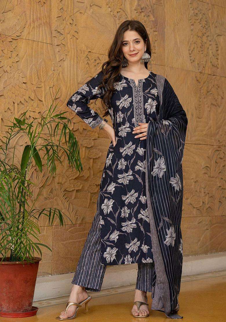 Black Printed Viscose Kurta Set - Indya