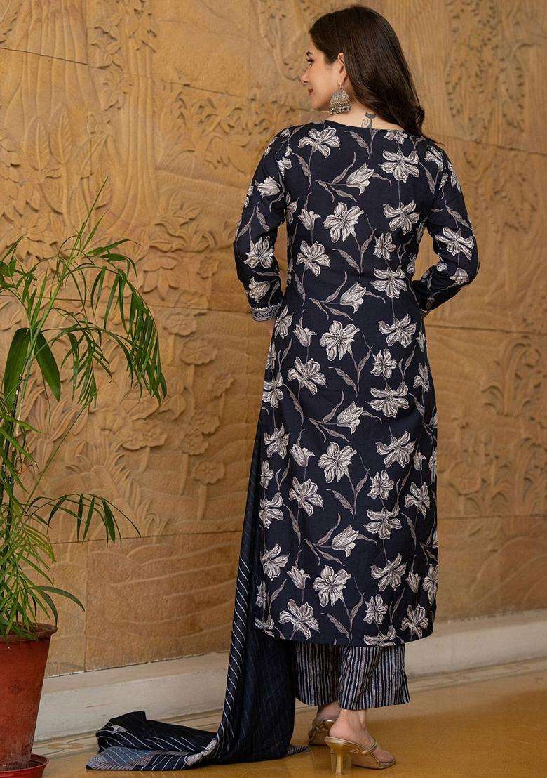 Black Printed Viscose Kurta Set - Indya