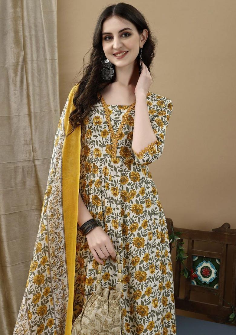 Yellow Printed Cotton Kurta Set - Indya
