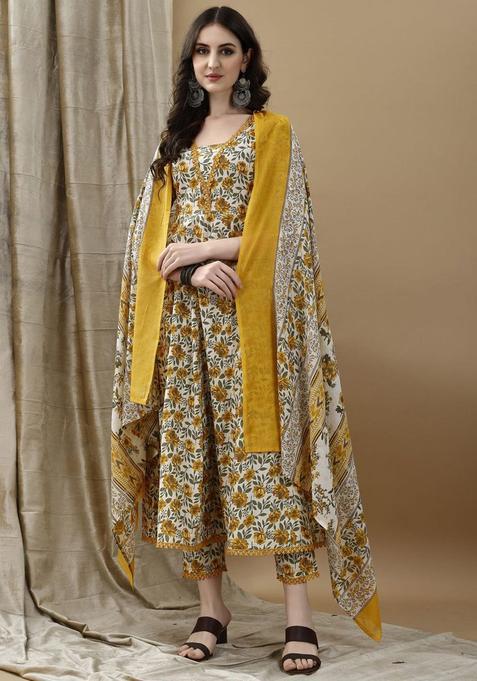 Yellow Printed Cotton Kurta Set — view on Indya