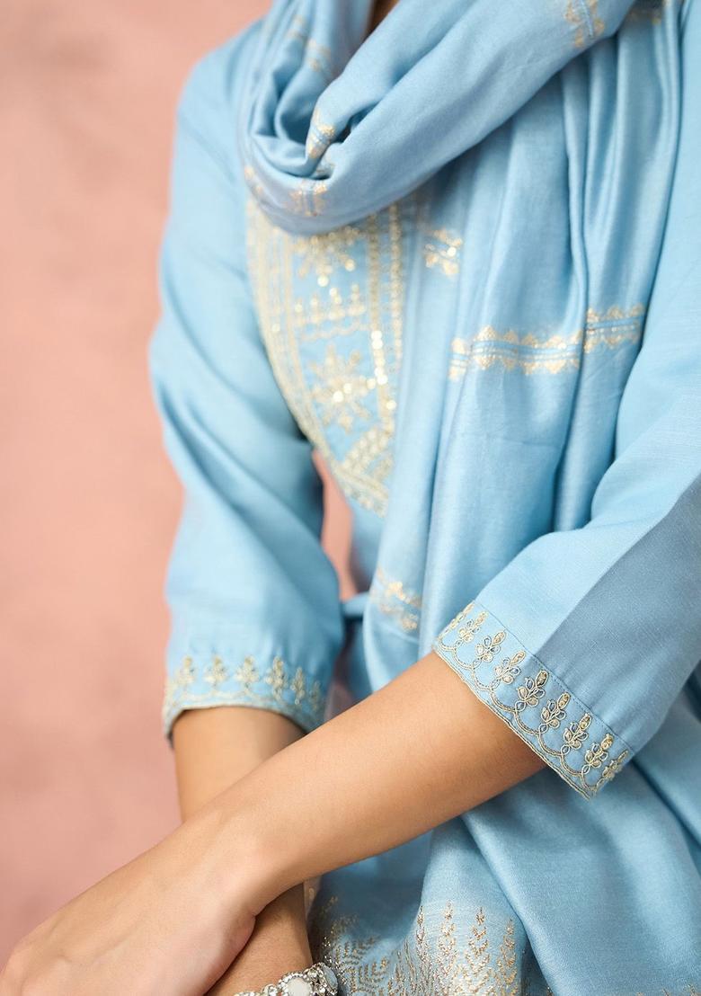 Blue Yoke Design Cotton Kurta Set - Indya