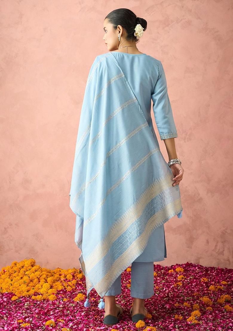 Blue Yoke Design Cotton Kurta Set - Indya