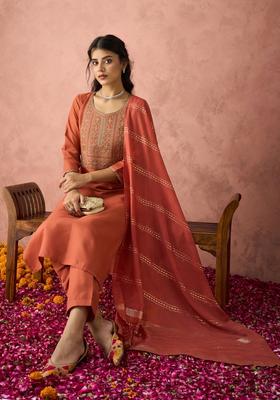 Orange Yoke Design Cotton Kurta Set