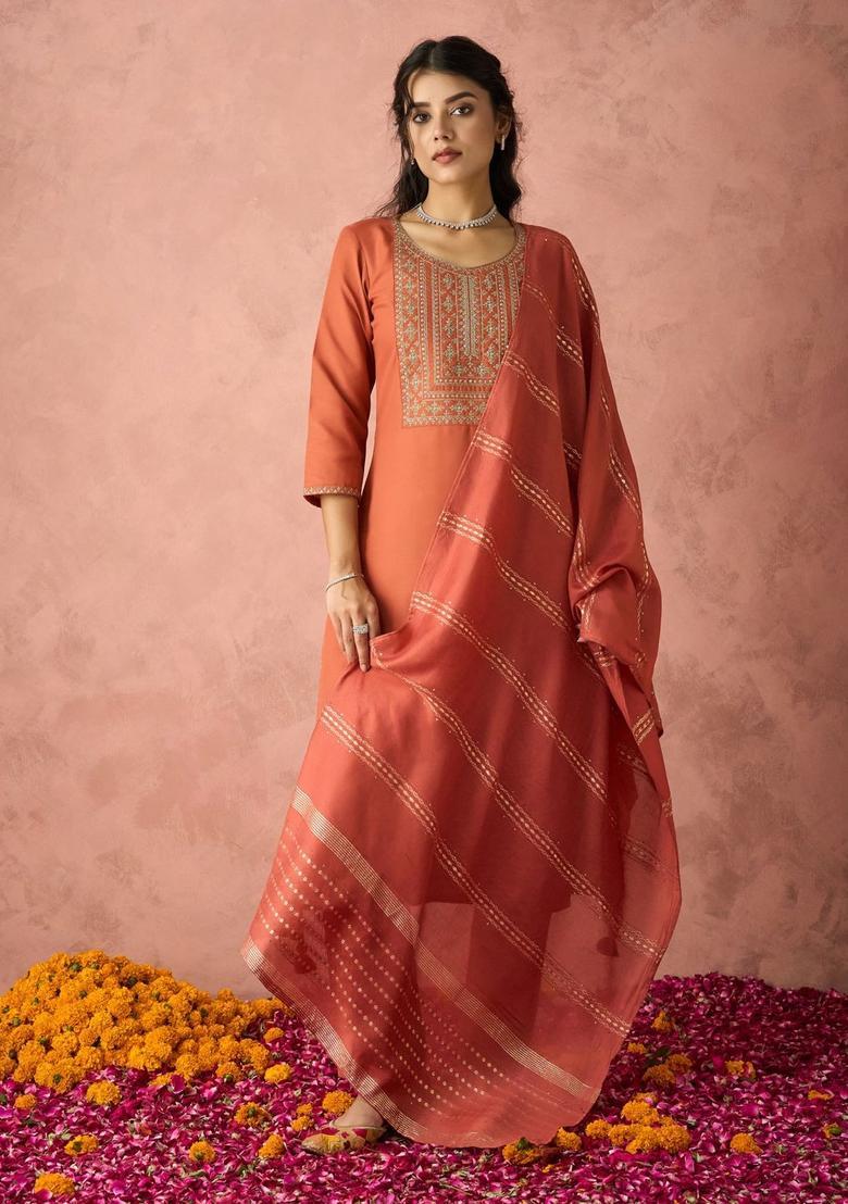 Orange Yoke Design Cotton Kurta Set - Indya