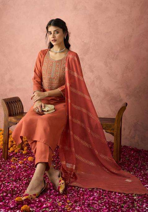 Orange Yoke Design Cotton Kurta Set