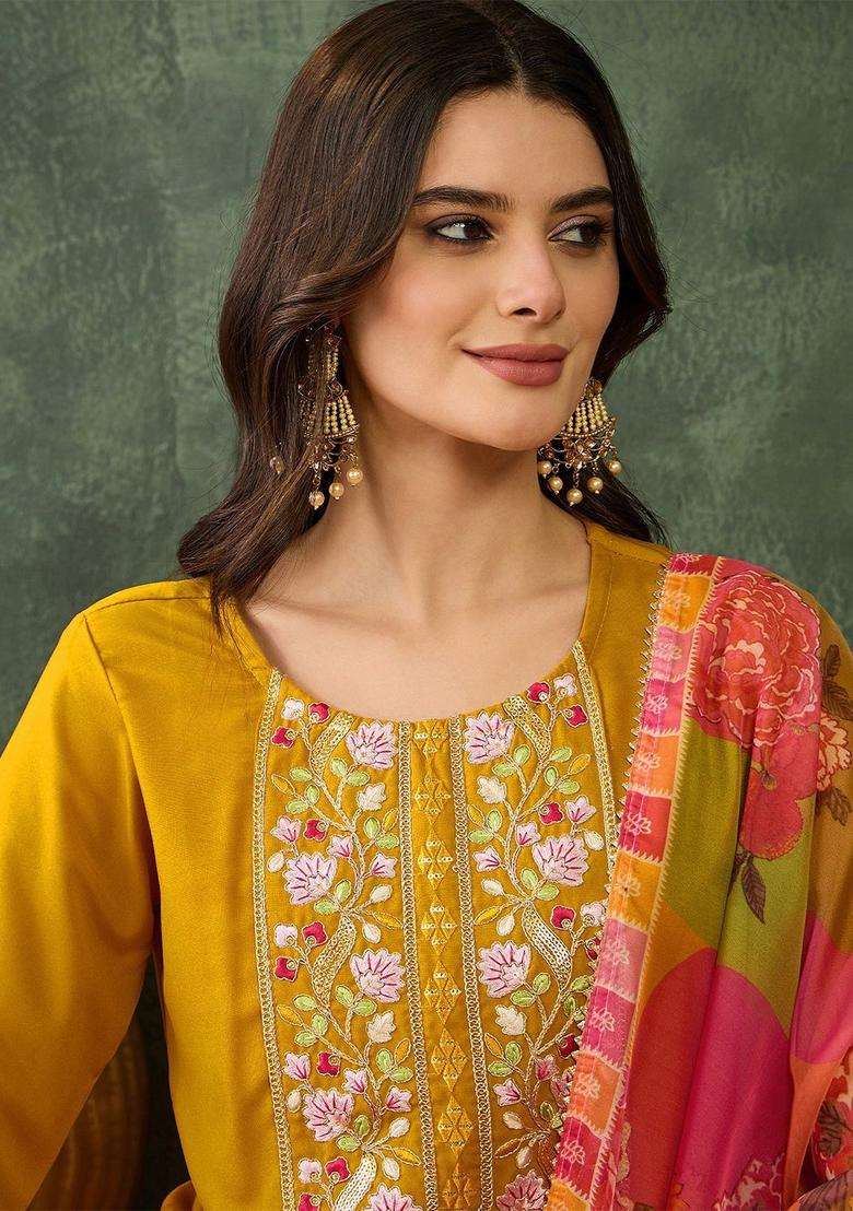 Yellow Embroidered Viscose Kurta Set - Indya