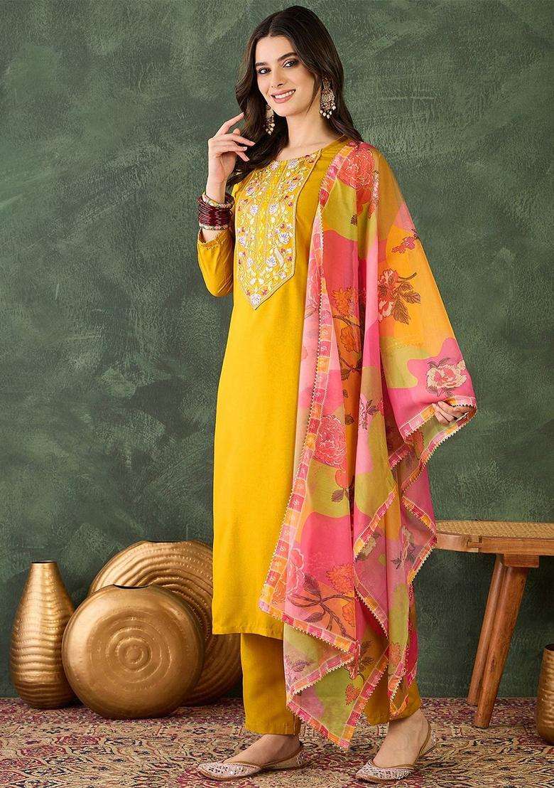 Yellow Embroidered Viscose Kurta Set - Indya
