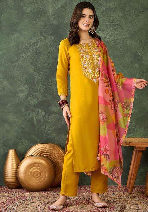 Yellow Embroidered Viscose Kurta Set