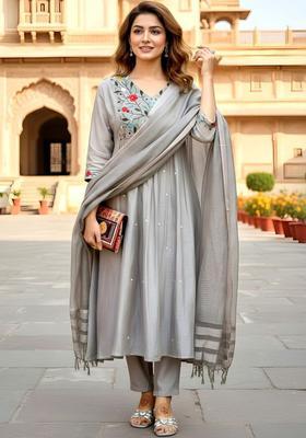 Grey Embroidered Chinon Kurta Set
