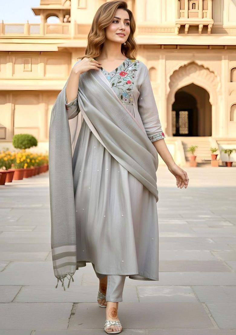 Grey Embroidered Chinon Kurta Set - Indya