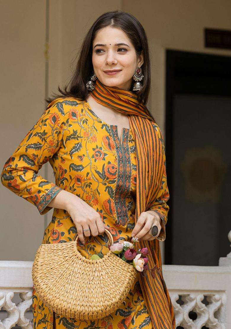 Yellow Printed Viscose Kurta Set - Indya