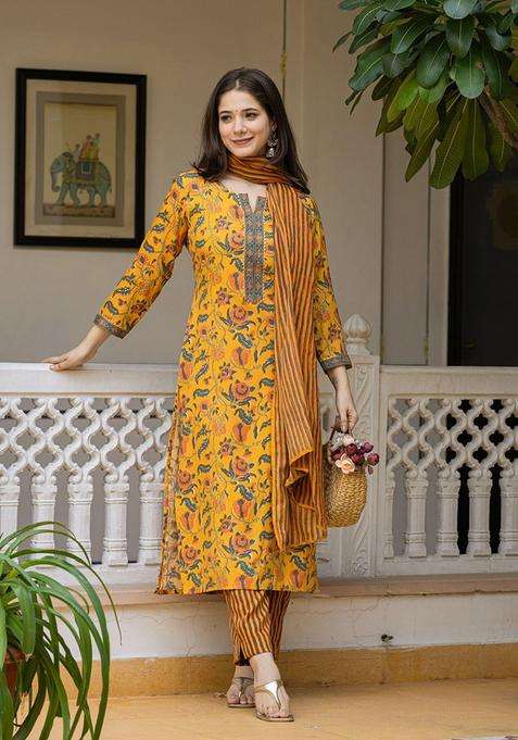 Yellow Printed Viscose Kurta Set