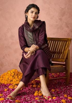 Purple Yoke Design Silk Kurta Set