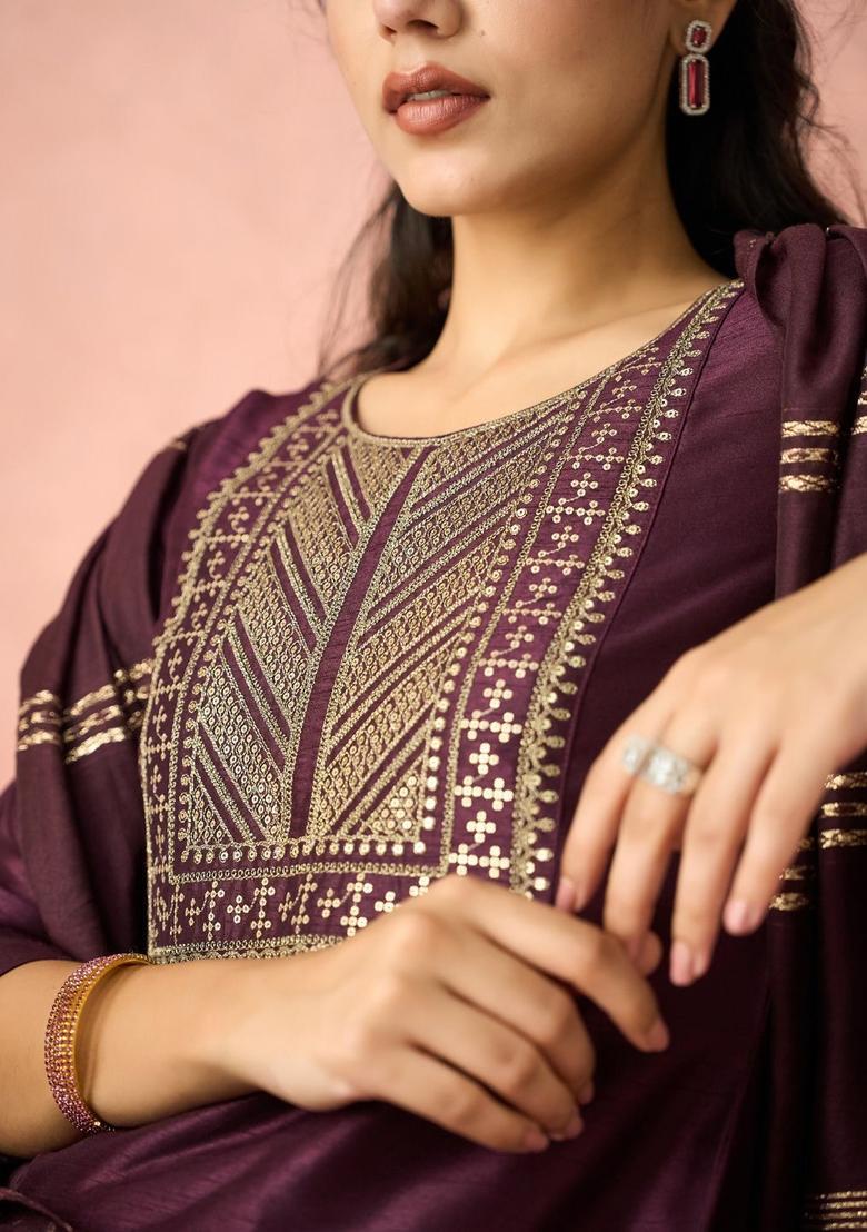 Purple Yoke Design Silk Kurta Set - Indya